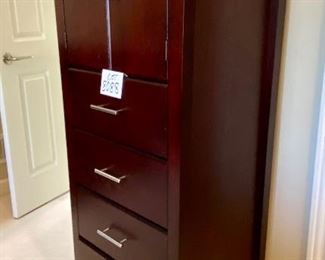 Lot 8088. $1650.00 Nice Queen Bedroom Suite by Stanley Furniture includes a Tall 5-drawer Chest 32"x19 d x 55T, Media Chest 52" W x 19"deep x 39"t, 2 Drawers, Shelves behind doors and 2 open storage spaces; Queen Bed set with Headboard, Footboard, Memory Foam Mattress 8" thick; and a micro fiber thick board that serves as a box spring, Gentleman's chest with four drawers and two shelves behind doors, 24"w x 19" deep x 59" tall.  Lot also includes a Striped spread and checkered pillows.