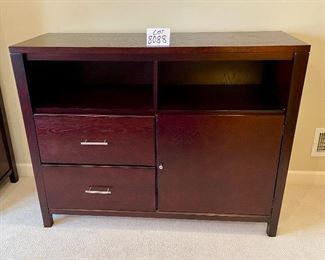 Lot 8088. $1650.00 Nice Queen Bedroom Suite by Stanley Furniture includes a Tall 5-drawer Chest 32"x19 d x 55T, Media Chest 52" W x 19"deep x 39"t, 2 Drawers, Shelves behind doors and 2 open storage spaces; Queen Bed set with Headboard, Footboard, Memory Foam Mattress 8" thick; and a micro fiber thick board that serves as a box spring, Gentleman's chest with four drawers and two shelves behind doors, 24"w x 19" deep x 59" tall.  Lot also includes a Striped spread and checkered pillows.	