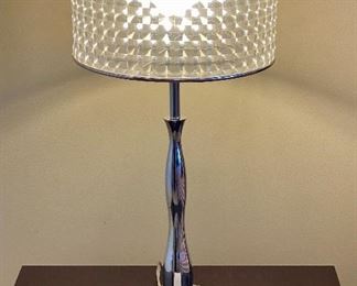 Lot 8089.$90.00  Pair of Modern Chrome Table Lamps, with cool shades that have an almost Hologram effect.  25Tx"" 12" Diameter shade.	25"T x 12" diam shade