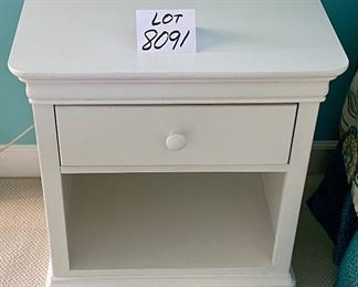 Lot 8091  $750.00  Young America 7-Drawer Dresser, (Stanley) 56" W x 18" D  x 32.5" T, Arched Mirror, 32"  W x 45" T, and Two Matching Night Stands with single drawer atop an open bottom shelf. A Perfect for any age.  Dresser:  56" W x 18" D x 32" T,