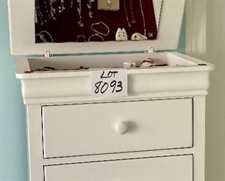 Lot 8093. $225.00  Beautiful White Stanley Furniture  Jewelry or Lingerie Chest, features a lift-top with a "hidden" jewelry drawer, and the top also features a mirror inside.  23" w x 18" deep x 50" T	23" w x 18" deep x 50" T