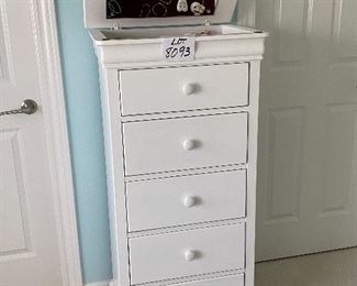 Lot 8093. $225.00  Beautiful White Stanley Furniture  Jewelry or Lingerie Chest, features a lift-top with a "hidden" jewelry drawer, and the top also features a mirror inside.  23" w x 18" deep x 50" T	23" w x 18" deep x 50" T