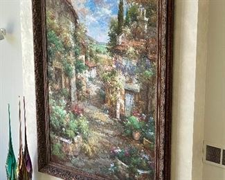Lot 8064  $1495.00 Very Large Oil/Acrylic Painting from Tom's Price called "Flower Clad Village", Unsigned but Hand Painted  78" T x 54" W. View from 2nd Floor Landing.