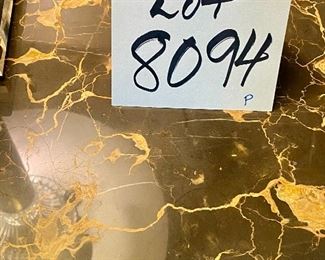 Lot 8094. $1,200.00 Stunning Bernhardt "Soleil" 4-Poster King Bed, and 2 round marble top night stands. Fleuri marble in rich black with gold veining. Bed is 89" W  x 83 T x 85" length (headboard) footboard and rails -- and night stands are 29"H x 30" diameter, with one drawer and the cabinet has two shelves.  Mattress and Bedding not included.  Bernhardt makes extremely well-crafted furniture and this bedroom set is the definition of quality.  If you've recently moved from a small apartment in the city to a larger suburban home, this set is calling to you!  Matching Chests & Dressers are on next couple of lots!  