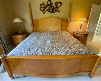 Lot 8094. $1,200.00. Stunning Bernhardt "Soleil" 4-poster King Bed, 2 round marble top night stands. Fleuri marble in rich black with gold veining. Bed is 89" W x 83' H x 85" L (headboard) footboard and rails -- and night stands are 29"H x 30" diameter, with one drawer and the cabinet has two shelves.  Mattress and Bedding not included.  Bernhardt makes extremely well-crafted furniture and this bedroom set is the definition of quality.  If you've recently moved from a small apartment in the city to a larger suburban home, this set is calling to you!  Matching Chests & Dressers are on next couple of lots!  