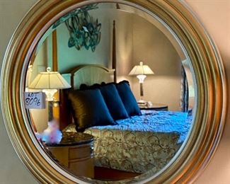 Lot 8096. $150.00  Designer Round Beveled Wall Mirror with Gold & Silver wood frame.  Approximately 41" diameter.	41" Diam.