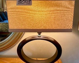 Lot 8098. $95.00. Attractive Wood Oval Body Lamp with Chrome Base and Finial. Has crack on Left Curve, 3-way switch.  28" T and  Shade is rectangle shape 19 W  x 10 T 