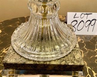 Lot 8099. $295.00  Two Marble and Lead Crystal lamps, with dual bulbs with separate crystal ball pull switches.  Shades are 11" in diameter, and lamps measure 29" t x 6.6" square base.  Gorgeous good looks!