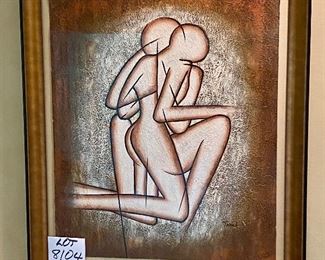 Lot 8104. $75.00  Framed Abstract Art depicts Textured Couple Embracing.  Image is done on Saturated canvas sheet, mounted to both the covered board with glass.  29"W  x 33" T