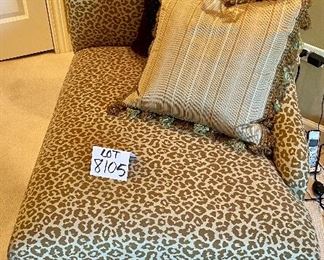 Lot 8105 $225.00.  Dramatic Leopard Print Chaise and two decorator pillows.  43"L x 30"w x 34"tall.   They call these "fainting couches," but you don't have to faint into order to love it!!  