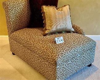 Lot 8105 $225.00.  Dramatic Leopard Print Chaise and two decorator pillows.  43"L x 30"w x 34"tall.   They call these "fainting couches," but you don't have to faint into order to love it!!  