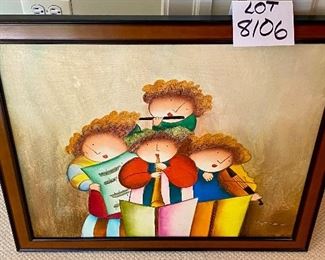Lot 8106. $75.00 "Four Musicians" Whimsical framed Giclée or print.- Signed but can't make out artist name.   27" w x 22.5" T