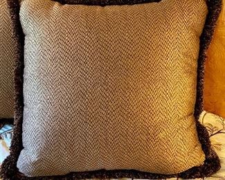Lot 8107. $48.00. Four Decorator pillows done in Brown Sateen, with fringed edges in a patterned fabric. 24" square