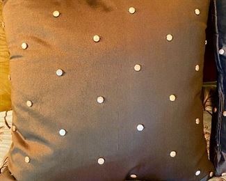 Lot 8108. $28.00 Two Brown sateen pillows with gold painted buttons for a polka-dot effect.  18" square
