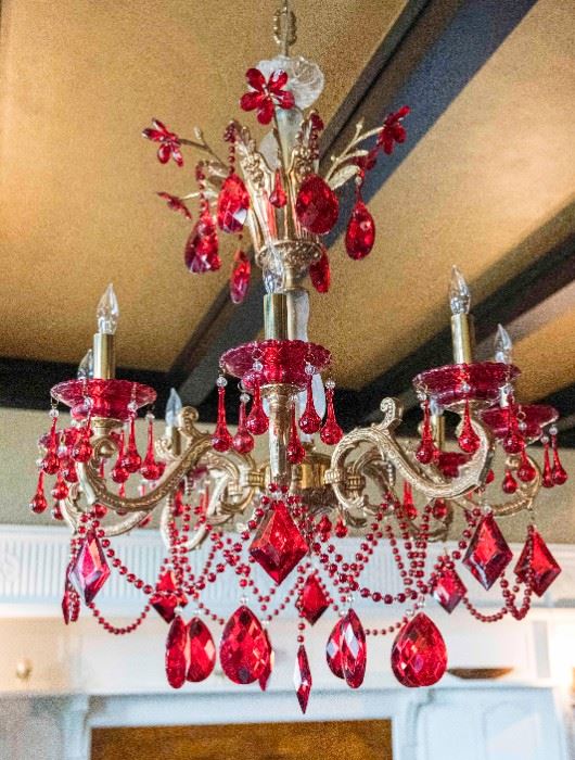 A Venetian style leaded glass 8 candle chandelier. Approximate dimensions H 36 x D 28         $5,000.00