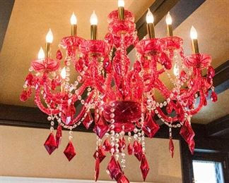 A Colored leaded glass Baccarat style 15 candle chandelier.  Dimensions H 34 x D 34 approximate.  $5,000.00