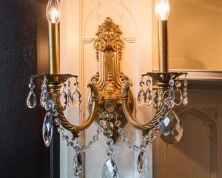 A Set of Four Brass and leaded glass drop sconces. H 14 x W 13 1/2 .   For the set $2,800.00