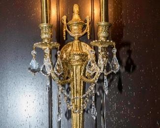 A Set of Eight Restauration Style Gilt Metal Sconces. No Marks Evident.  Dimensions: Height 21 x width 9 inches.  For the set of 8 $3,600.00