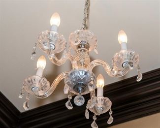 A Venetian Glass Diminutive Four Light Chandelier. Circa 2000-2010.  Condition: Very Good.
Dimensions: Height 13 ½ x width 16 inches approximately.	$350.00
