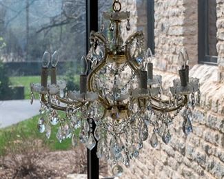 Three Venetian Style Leaded Glass and Brass Eight Light Accented Chandeliers. Possibly Swarovski.  Circa 2010-2013.
Condition: Very Good.
Dimensions: Height 32 x width 32 inches approximately.   For Three $3,000.00 Each $1,000.00
