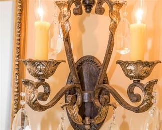 A Pair of Patinated Metal Sconces with Leaded Glass Drops. Circa 2010-2013.
Condition: Very Good.
Dimensions: Height 14 x width 12 inches approximately. $500.00