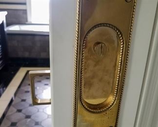 Seven Polished Brass Period Yale and Townsend Pocket Door Plates Locks and Latches. Circa 1892. Each Set $100.00 Six Polished Brass Contemporary Door Plate Loock and Latches. Each set: $85.00