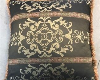 A Group of Eleven Silk embroidered and plain throw pillows. No Manufacturer's marks. Various sizes with largest 27 x 27 inches to smallest 15 x 8 inches. For each $50.00