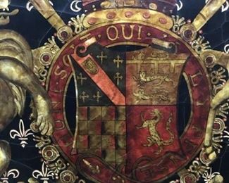 A Stylized Wall Hanging having the British Royal Coat of Arms. Height 70 x width 48 inches. $1,000.00
