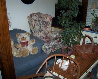 ONE OF THE WING CHAIRS, BASKETS, FAUX PLANTS & EASY CHAIR