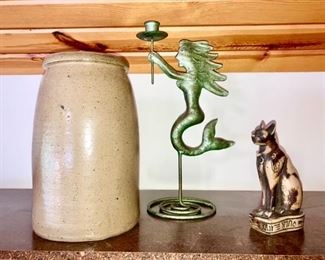 Stoneware crock, mermaid candle holder, cat figure
