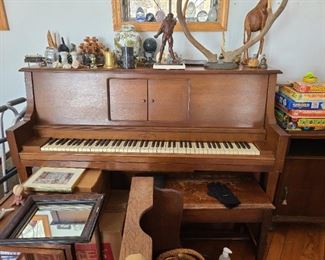 Antique upright player piano, figurines, misc. collectibles
