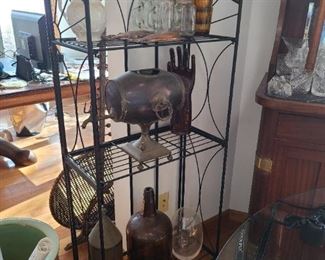 Baker's rack, collectible glass, decanter, hand sculpture, vintage bottles