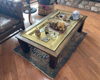 Brass tray and handmade mahogany coffee table, Morocco