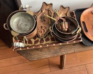 Copper hinged fish mold, several copper bowls, etc.
