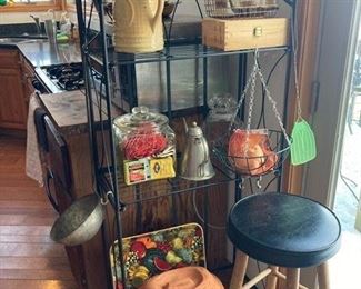 Baker's rack, stoneware pitcher, pair of high stools, misc. kitchen items
