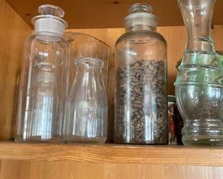 Apothecary jars, Detroit pint size cream bottle, misc. vases