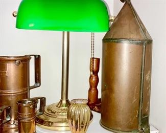 Green glass desk lamp, Art glass signed ribbed vase, French copper measuring cups, copper strainer/juicer