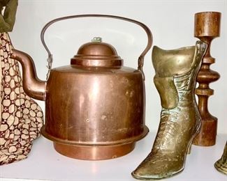 Antique copper kettle/tea pot, brass high top shoe, wooden candle stick