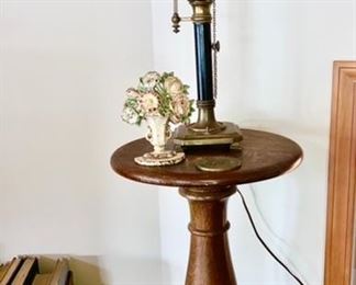 Vintage large pedestal base side table, vintage desk lamp, cast iron flower door stop, etc.