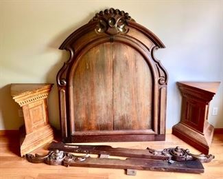 1850's carved Rosewood antique headboard of bed, side pieces on floor and 2 triangular hand-hewn pine end tables