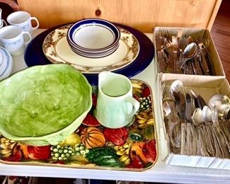 Cabbage bowl, Corelle dishes, misc. platters, stainless & silver plate flatware