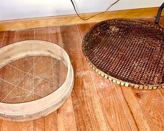 Antique wooden sieve, woven basket