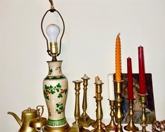 Brass teapot, bell, candlesticks, ceramic lamp