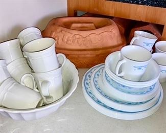 Stoneware mugs, bowl, terra cotta casserole, Corelle dishes