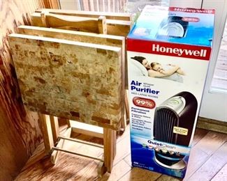 Butcher block folding TV trays in stand, new Honeywell Air Purifier