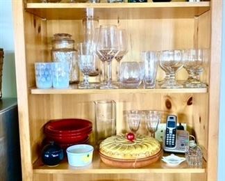 Misc. kitchen items, stems, glasses, mugs, plates, ceramic pie holder