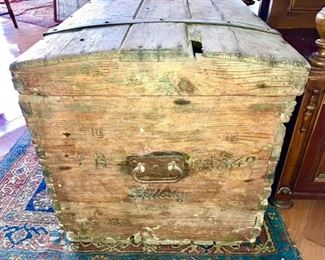 Primitive wooden trunk, dated 1849