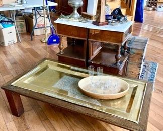 Brass tray and handmade mahogany coffee table, Morocco, Marble top Victorian side tables