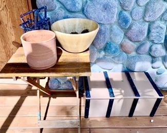 Folding wooden table, wooden trunk, wooden bowl, planters