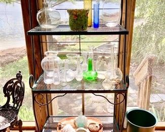 Baker's Rack, glass vases, planters, etc.